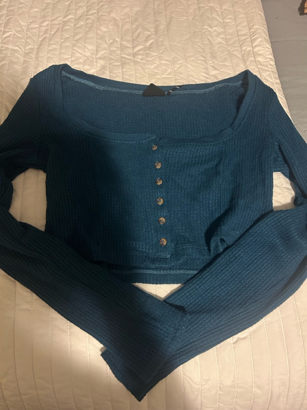 Urban Outfitters Teal Ribbed Henley Long Sleeve Crop Top